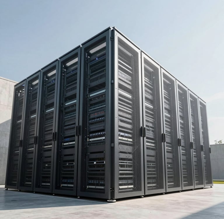 Wide angle architectural view of a modern data center exterior, clean concrete lines, bright daylight, structural steel frame