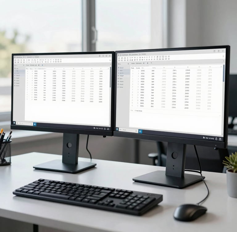 A clean, modern technical workstation with dual high-resolution monitors displaying structured XML content models and digital asset taxonomies, bright natural daylight, cool professional tone.