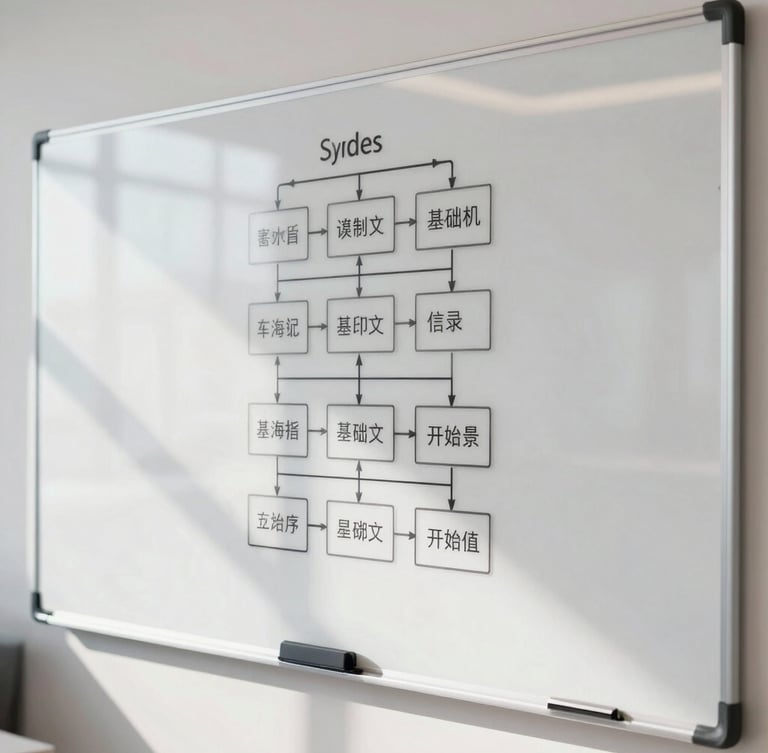 A bright, professional office whiteboard showing structured system architecture diagrams, clean lines, natural daylight, high clarity.