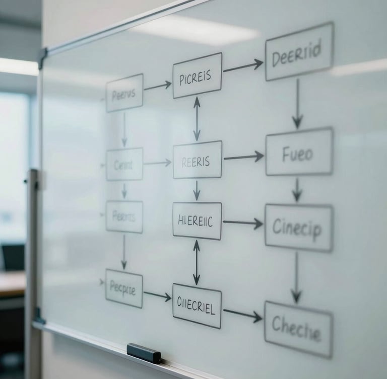 Close-up of a glass whiteboard in a bright office showing structured process mapping diagrams and flowcharts, cool-toned lighting, sharp focus.