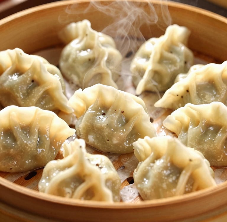 Macro close-up of steaming pork dumplings in a bamboo basket, warm high-key directional light highlighting glistening wrappers and rising steam, rich saturated colors, 35mm photography.