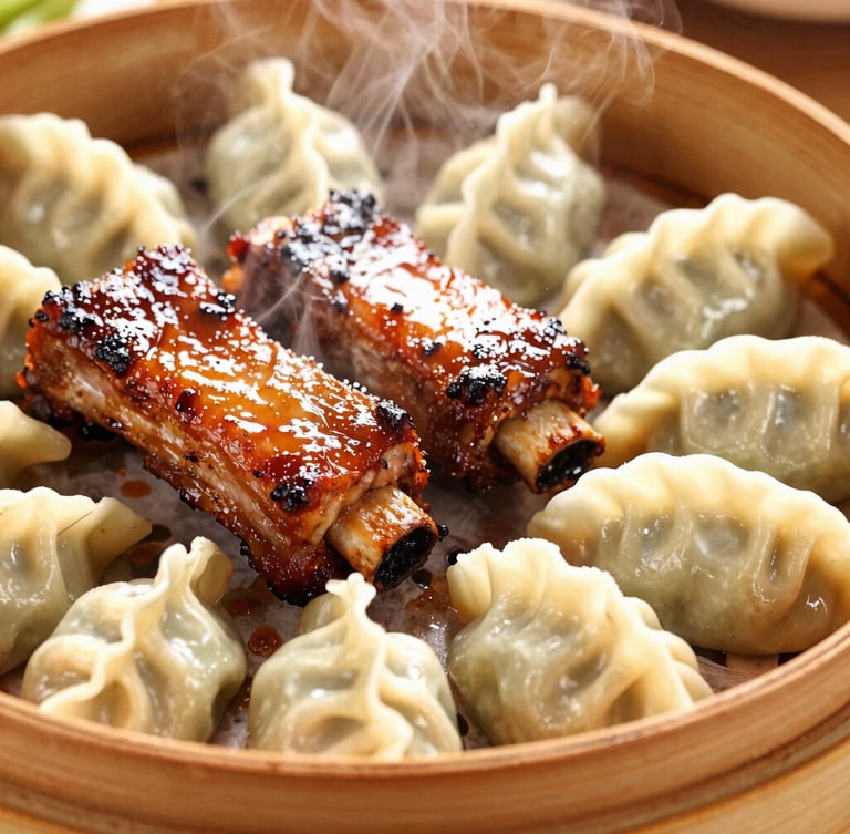 Vibrant close-up of a steaming hot Chinese dumpling basket next to glistening hickory-smoked BBQ ribs, warm high-key directional light, rich saturated colors, macro depth of field, 35mm