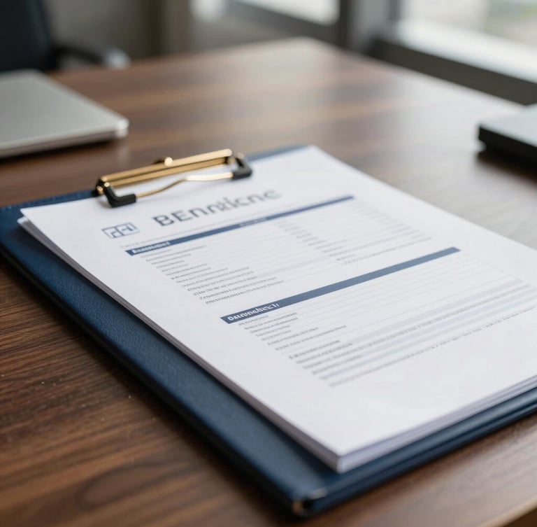 Close-up of structured corporate finance documents on a dark wooden desk, natural daylight, professional corporate setting, 50mm lens