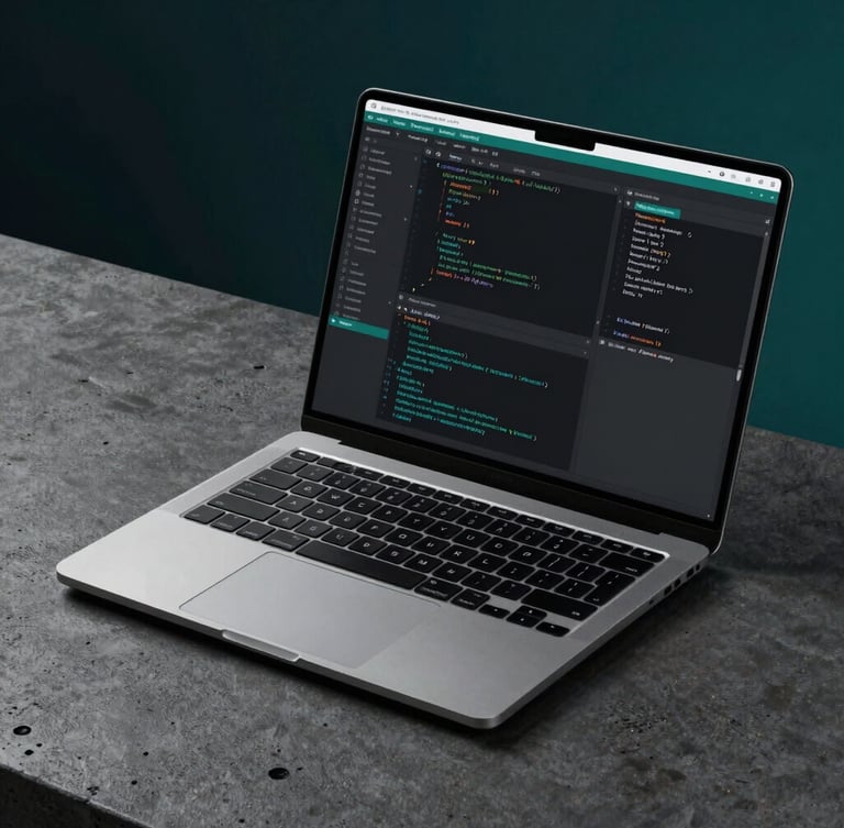 Sleek modern laptop on a dark concrete desk displaying clean, organized code, crisp cool studio lighting with electric teal accents, sharp macro focus, 35mm lens