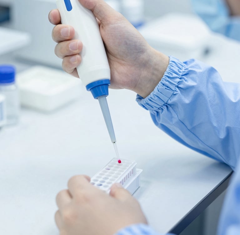 Sharp macro focus on a professional technician in clean scrubs pipetting a sample into a molecular PCR plate, bright sterile white laboratory lighting.