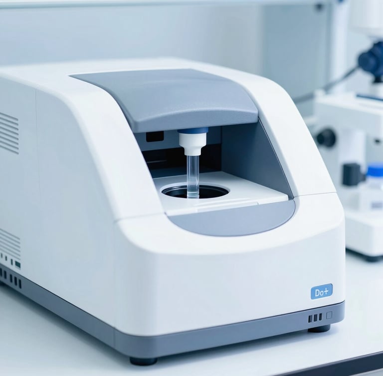 A sharp macro shot of a high-tech molecular PCR machine in a sterile clinical laboratory, bright daylight, cool blue tones, high-key studio light