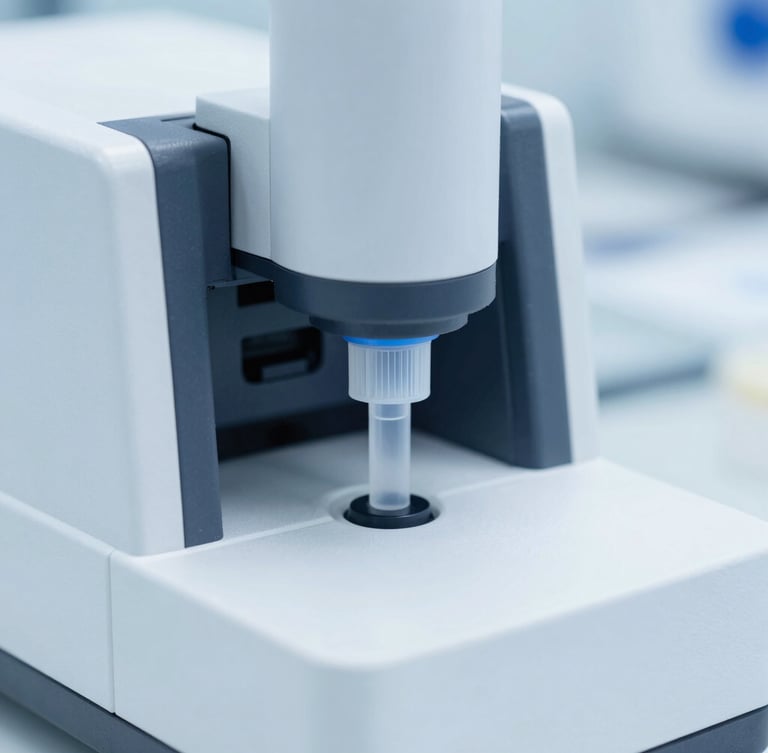Crisp macro shot of high-tech laboratory analyzer with bright clinical lighting, sterile white and cool blue tones, sharp focus on a sealed test kit.