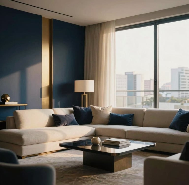 High-end residential penthouse living room in São Paulo, warm natural golden-hour light, minimalist luxury decor with deep navy accents, soft focus, 35mm editorial photography.