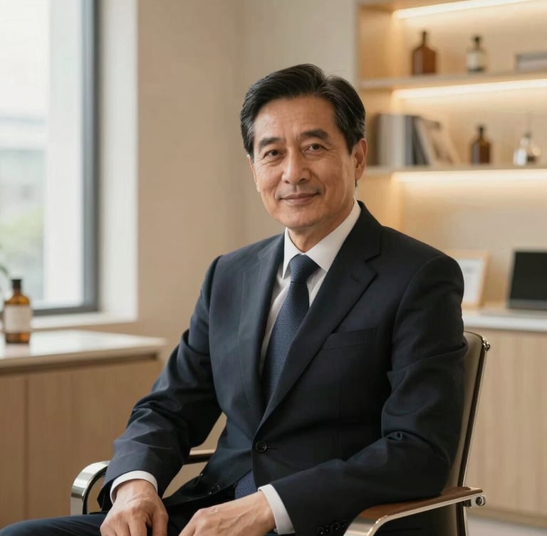 Elegant portrait of a male doctor in his 40s with a warm but authoritative look, wearing a dark tailored suit, sitting in a refined modern medical office with warm lighting, shallow depth of field, 35mm.