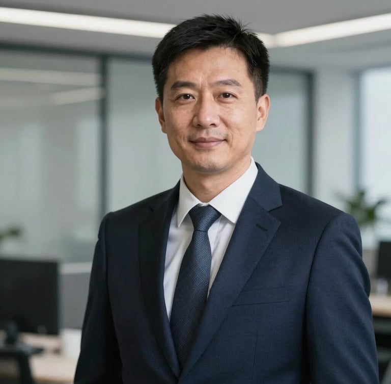 Professional, non-smiling portrait of a male accountant in a sharp navy suit, cool diffused office lighting, desaturated navy and gray tones, sharp focus, editorial corporate photography