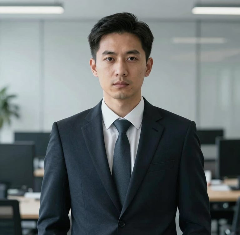Professional portrait of a male accountant in a sharp dark suit, cool diffused office background, desaturated navy tones, serious expression.