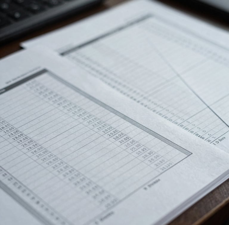 Close-up of structured financial ledger sheets on a desk, cool diffused office lighting, desaturated navy and gray tones, sharp focus.