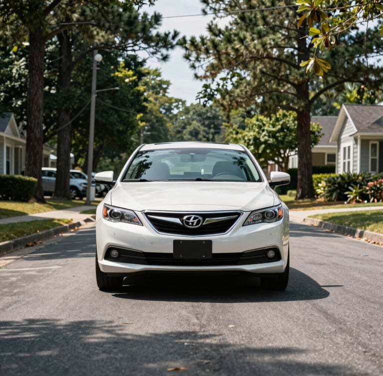 Straight-on medium shot of a clean family sedan parked on a quiet Durham residential street, bright midday natural light filtering through North Carolina pine trees.