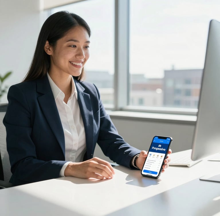 Bright, clean midday photo of a modern Durham office desk with a licensed agent smiling, natural light streaming through windows, a smartphone displaying the Progressive mobile app on the desk