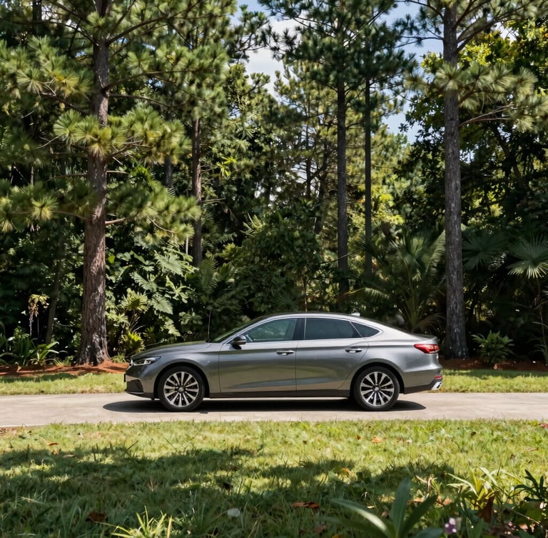 A family car parked in a green North Carolina driveway surrounded by tall pine trees, bright midday natural light, clean and realistic.