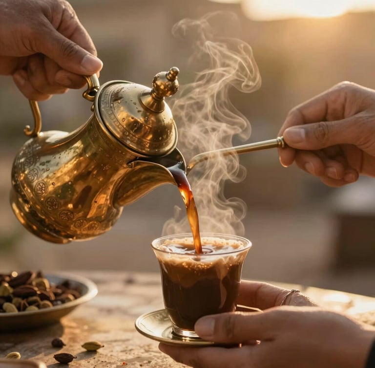 Close-up of hands pouring cardamom-infused Arabic coffee from a traditional brass dallah into a small cup, warm low-angle golden hour light, steam rising, shallow depth of field, 35mm