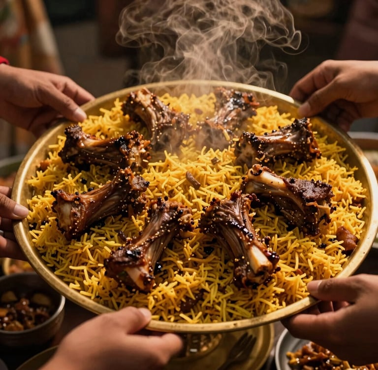 Overhead cinematic shot of a steaming communal platter of spiced lamb and yellow rice on a brass tray, warm low-angle golden hour light, rich amber tones, hands reaching to share, 35mm