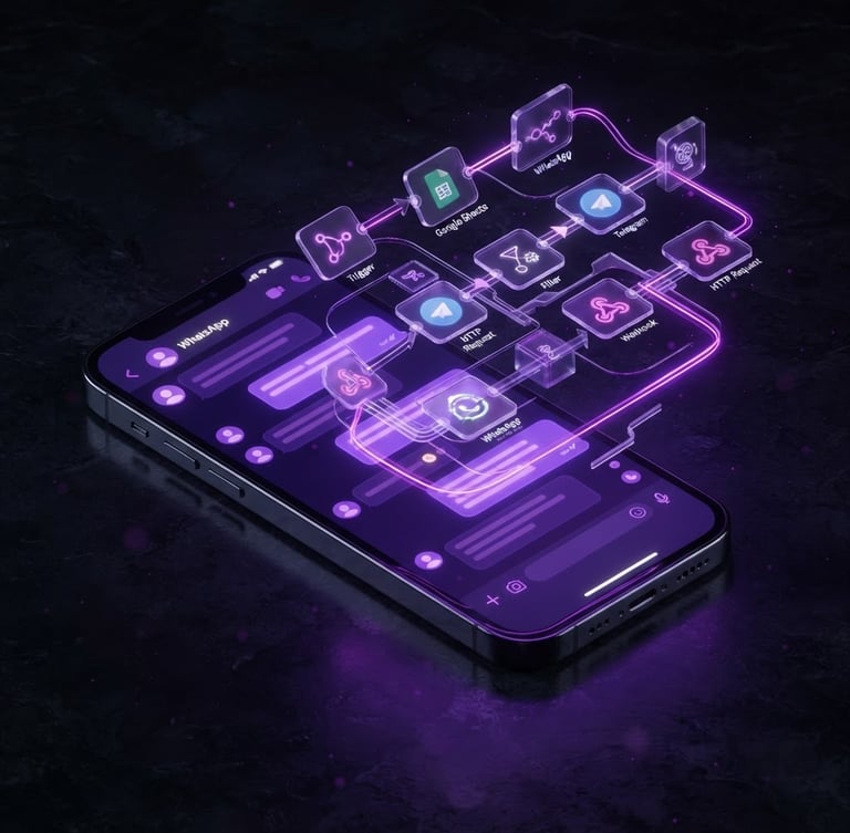 Sleek 3D render of a smartphone displaying a glowing purple WhatsApp interface linked to a holographic n8n workflow diagram, dark obsidian background, octane render, isometric perspective