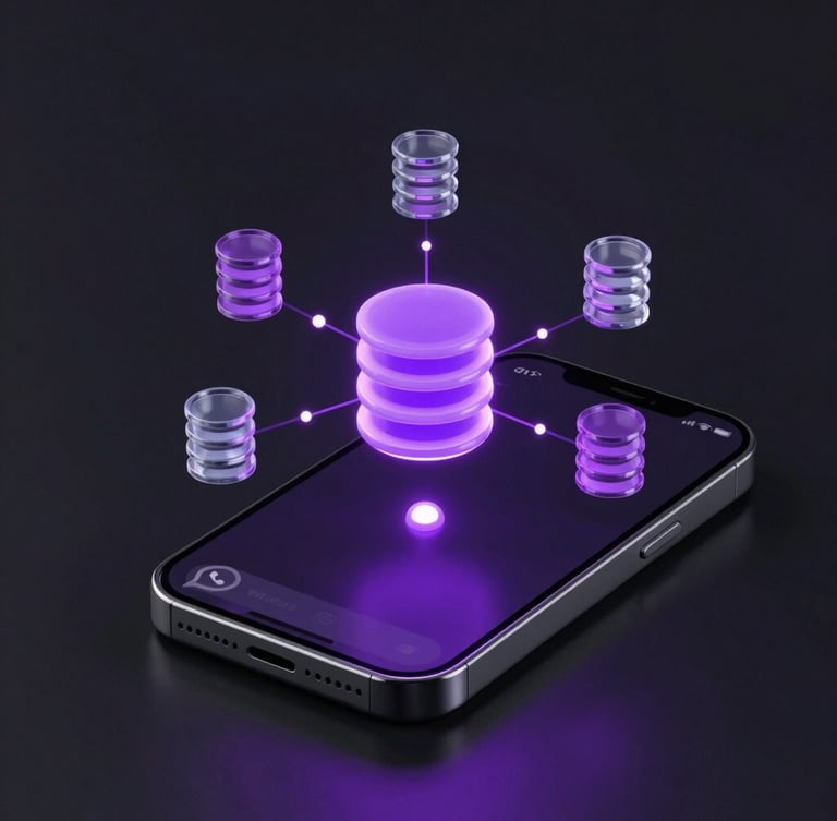 Sleek 3D render of a smartphone displaying a WhatsApp chat interface with glowing purple nodes, connected to floating database icons, dark obsidian background, glassmorphism textures, neon accents
