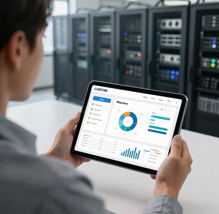 Over-the-shoulder perspective of an IT director reviewing data migration progress on a tablet, modern clean university server room in the background, soft natural daylight.