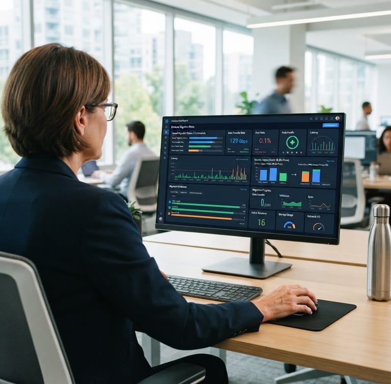 Over-the-shoulder perspective of an IT director reviewing a clean database migration dashboard on a monitor in a bright modern office, natural daylight, 35mm lens