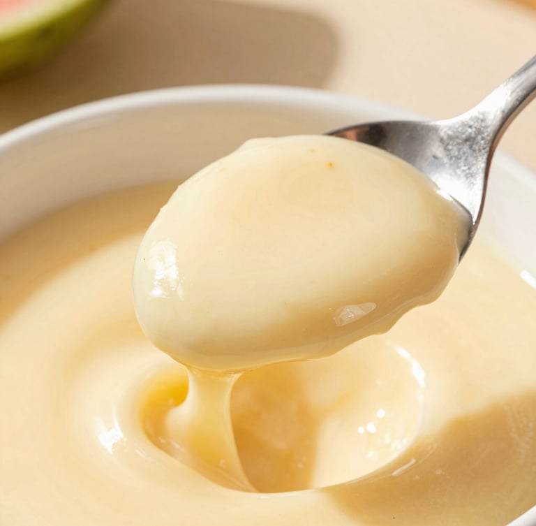 Macro texture shot of a spoon lifting thick, glossy vanilla-flecked pudding, warm afternoon Miami sunlight casting soft shadows, shallow depth of field.
