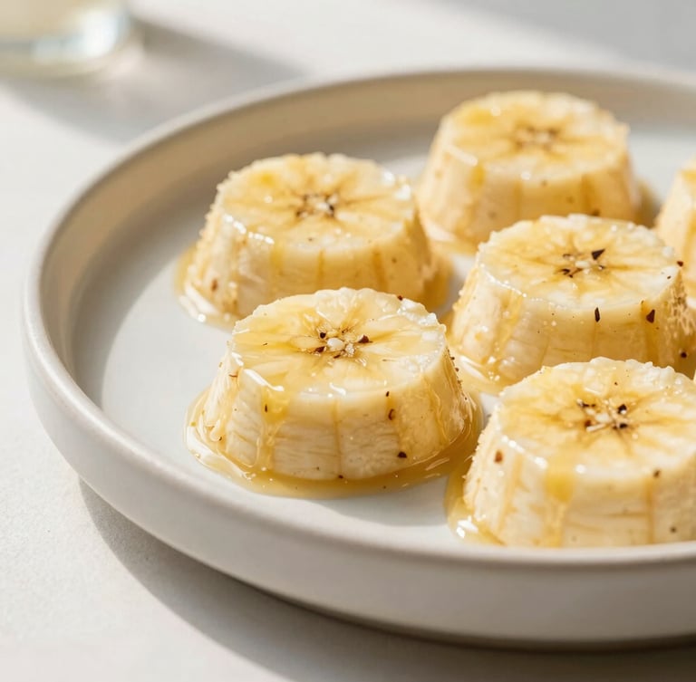 Close-up of a large, minimalist ceramic tray filled with golden banana pudding, vanilla bean flecks visible on the glossy surface, bright natural afternoon sunlight casting soft shadows, modern editorial food styling.