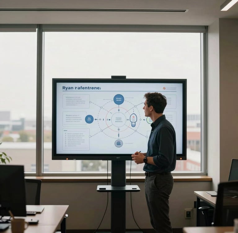 Ryan Baldwin, a business consultant, in a modern office, observing a strategic diagram on a large screen, natural window light, off-center composition, with architectural details of the workspace.