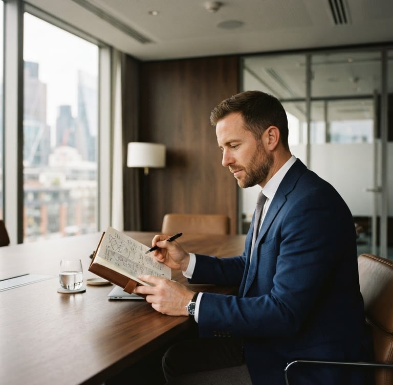 Ryan Baldwin, a business consultant, in a modern, high-contrast boardroom setting, reviewing strategic diagrams in a physical notebook, natural window light, off-center composition, with architectural details visible.