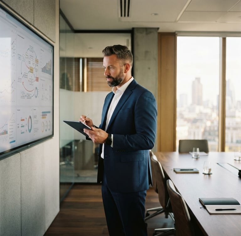 Ryan Baldwin in a modern boardroom, focused, reviewing strategic diagrams on a large screen, natural window light, off-center composition, muted corporate tones, 35mm