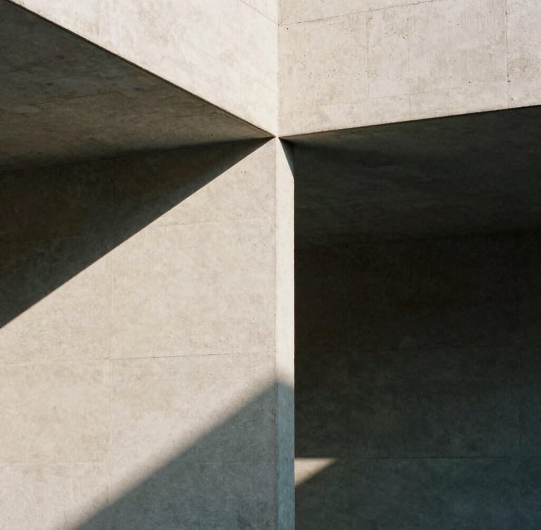 Abstract close-up of sharp architectural concrete lines and geometric shadows, high-contrast daylight, serene editorial mood, 35mm film.