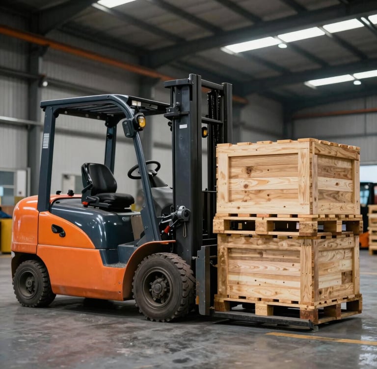 Industrial warehouse interior with active yellow forklifts moving heavy wooden pallets under high-contrast overhead lighting, sharp focus, 35mm