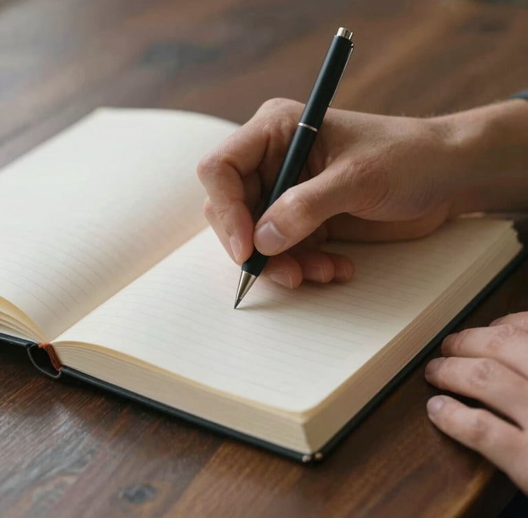 Close-up of hands writing in a heavy paper journal on a dark wooden table, soft natural side lighting, calm and reflective atmosphere.