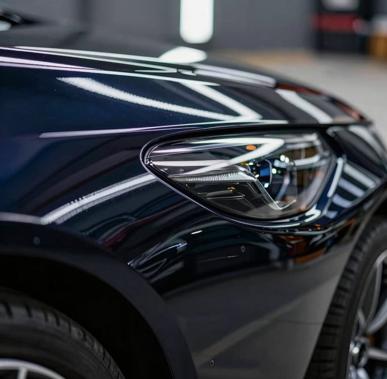 Extreme close-up of a deep black sports car fender reflecting crisp, linear LED light bars, demonstrating flawless paint correction, high contrast