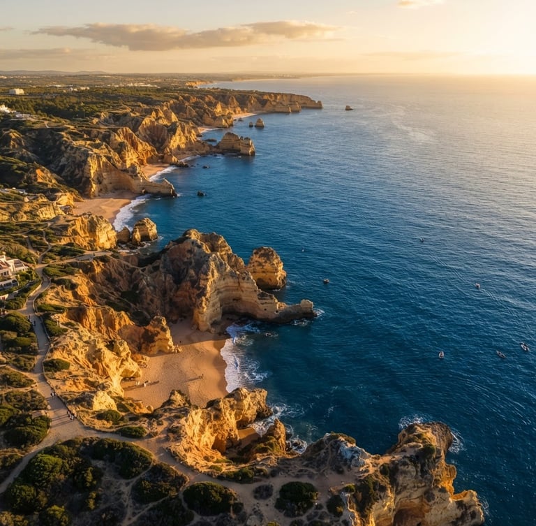 Cinematic wide-angle aerial photography of golden hour sunlight over the dramatic cliffs of Albufeira, deep ocean blues, long shadows, warm Mediterranean light, drone perspective.