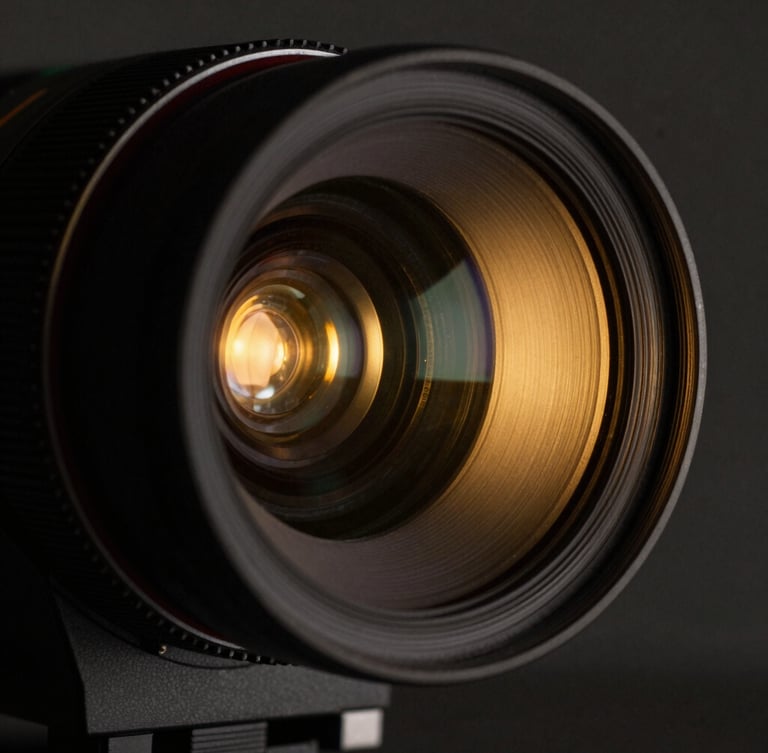 Extreme close-up of an anamorphic cinema lens reflecting golden studio light, dramatic chiaroscuro, 35mm film texture, high-contrast, ultra-wide aspect ratio.