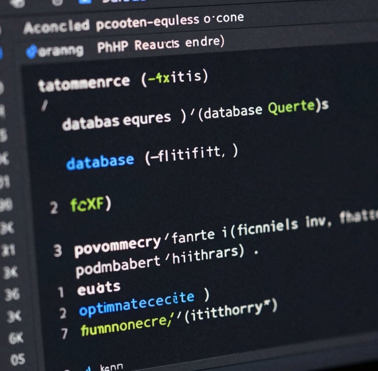 Close-up macro shot of clean PHP and React code on a dark IDE screen, showing optimized database queries for WooCommerce, sharp focus, electric blue accents.