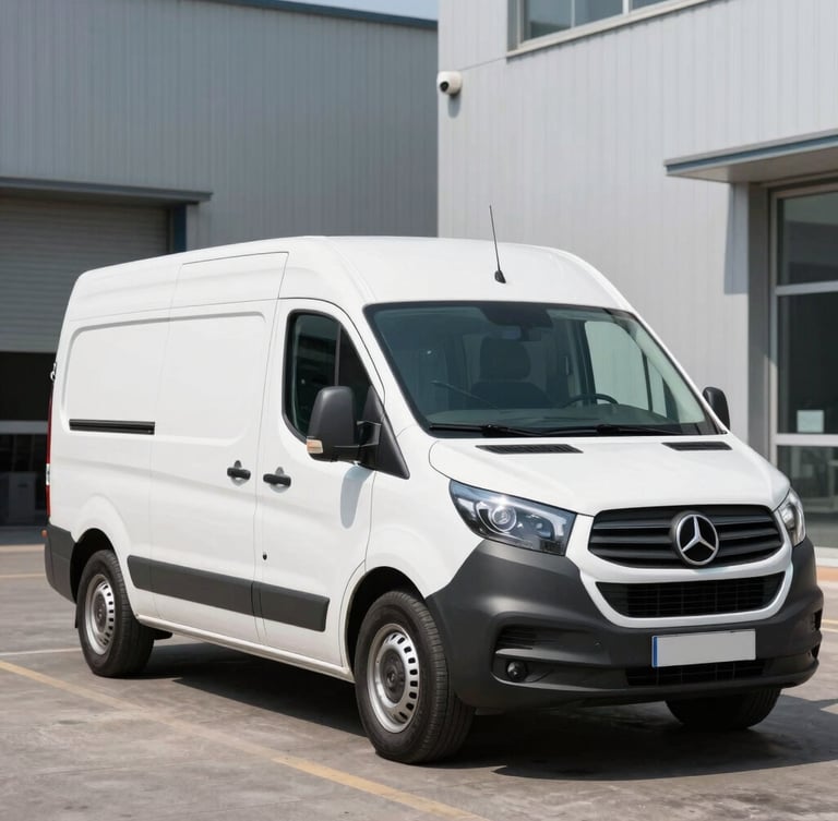A clean passenger van parked in a professional urban environment, bright midday daylight, high-contrast industrial tones, sharp focus, 35mm lens