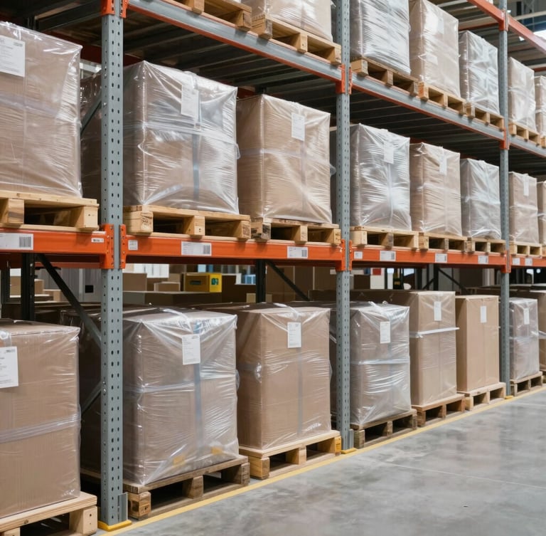 Organized warehouse consolidation bay with high-contrast industrial shelving, secure parcel packaging ready for dispatch, bright midday lighting.