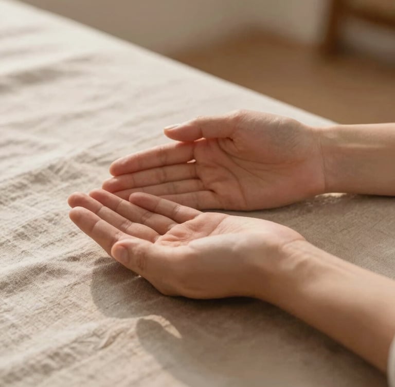 Hands hovering gently during a Reiki session over a soft linen-draped table, warm clay tones, diffused golden hour light