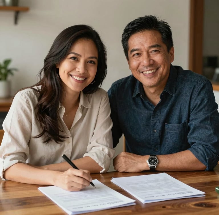 A warm, natural light portrait of a Spanish-Filipino couple sitting at a wooden table with documents, smiling genuinely, editorial style.