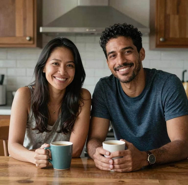 A warm, natural light portrait of a Spanish-South African man and a Filipino woman sitting at a wooden kitchen table, smiling warmly, holding coffee mugs, soft editorial framing.