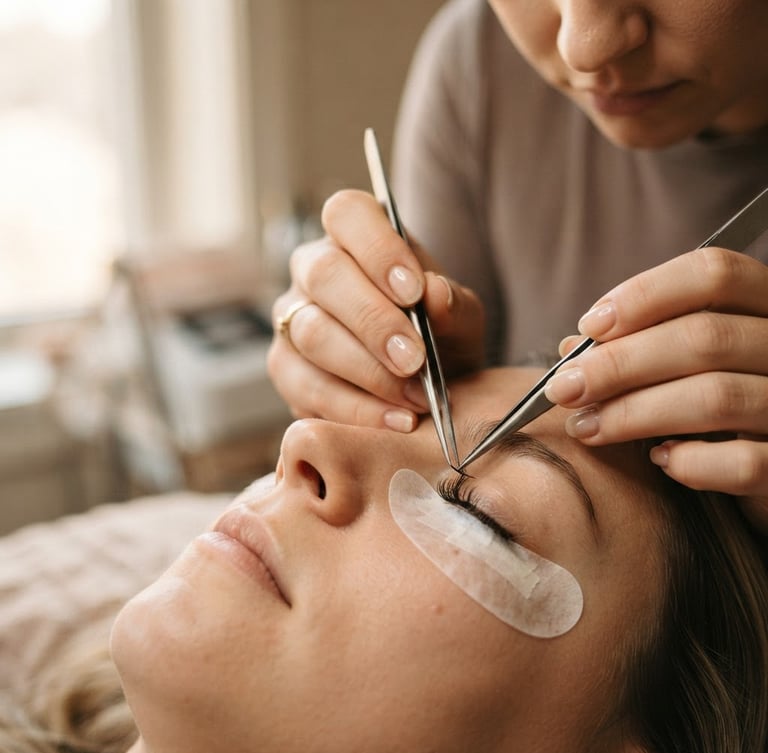 Close-up of a beauty specialist's hands meticulously applying eyelash extensions, soft diffused window light, muted champagne and taupe tones, shallow depth of field, 35mm