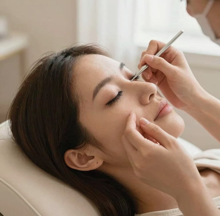 Close-up portrait of a woman relaxing in a beauty chair, a technician carefully applying eyelash extensions while another technician works on her nails simultaneously. Soft, warm studio lighting, shallow depth of field, focus on the meticulous work and client's calm expression, 35mm