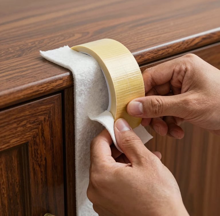 Tight macro shot of professional hands double-wrapping the corner of a polished dark wood cabinet with thick protective felt and gold-accented heavy-duty tape, sharp focus, natural daylight
