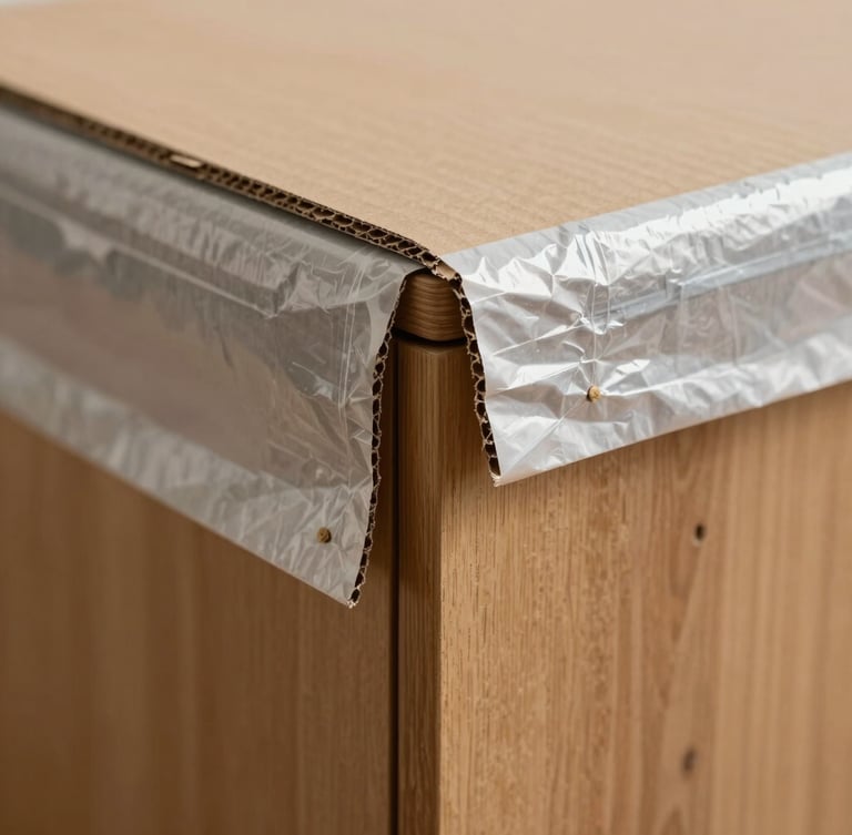 Tight macro close-up of heavy-duty protective cardboard and thick structural shrink-wrap double-wrapping the sharp corner of a solid wood cabinet, natural daylight