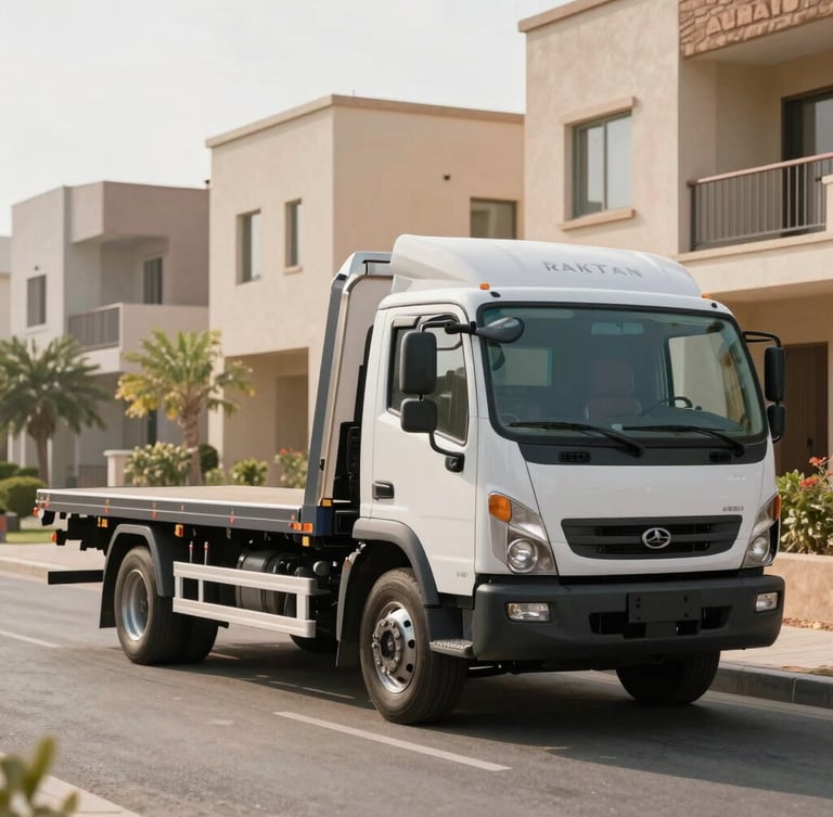 A sharp, branded Rak Titan flatbed moving truck parked in a clean Al Dhait residential neighborhood under bright morning sunlight.