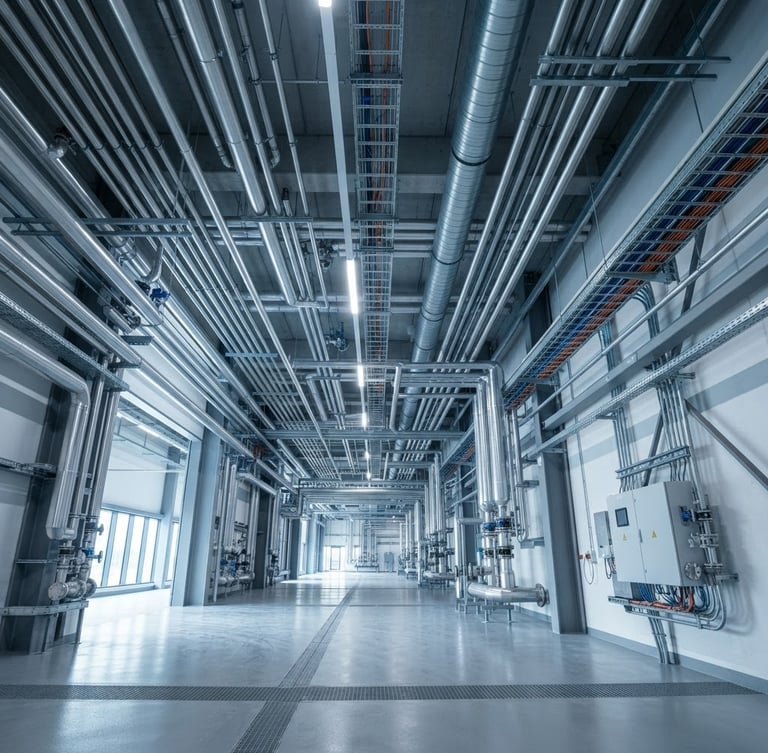 Wide-angle, low-angle shot of a modern, clean industrial facility interior with visible, precisely routed MEP conduits and pipelines along the ceiling and walls, cool industrial lighting, sharp focus, no people.