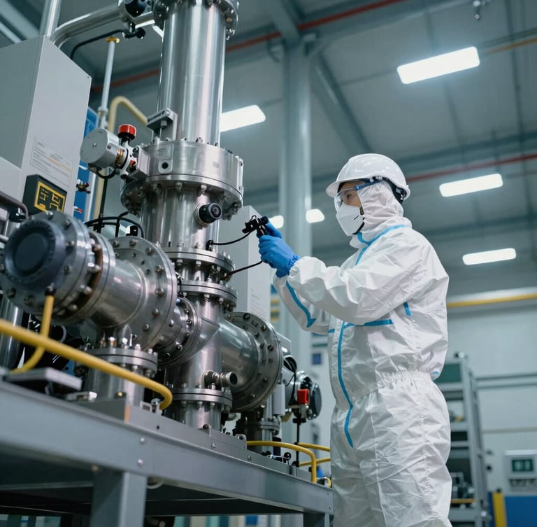 Low-angle heroic shot of an engineer in clean, branded PPE inspecting a complex mechanical plant room, cool industrial interior lighting, sharp focus, 35mm