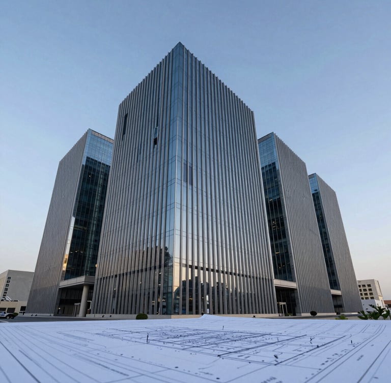 Wide-angle architectural shot of a modern commercial building in Jeddah at dawn, reflecting the ambitious vision of Saudi Arabia, with a subtle overlay of a blueprint. Crisp daylight, cool blue tones.